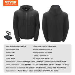 Black XXXL unisex heated zip-up hoodie sweatshirt with battery pack and front view.