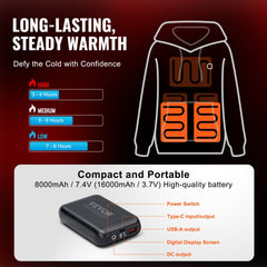 Unisex black heated hoodie sweatshirt in XXL with carbon fiber heating and soft fleece lining.
