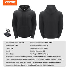 Unisex black heated hoodie sweatshirt with 8000mAh battery and soft fleece lining.