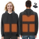 Black unisex heated hoodie sweatshirt with five heating zones and an 8000mAh battery.