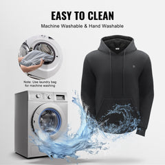 Black unisex heated hoodie sweatshirt in XL with carbon fiber heating and 8000mAh battery.
