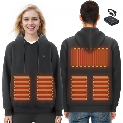 Black unisex XXXL heated hoodie sweatshirt with battery pack, showing front and back views with heating elements.