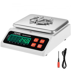 Digital parts scale with a stainless steel pan, showing a clear LCD display and control buttons.