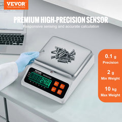 Digital counting scale with a stainless steel pan, displays weights up to 10kg with 0.1g accuracy.