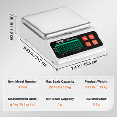 Digital parts scale with stainless steel pan, 10kg capacity, and 0.1g accuracy.