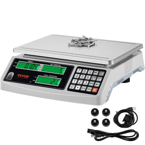 Silver Bostome industrial counting scale with 15kg x 0.5g display, RS232 port, keypad, and accessories.