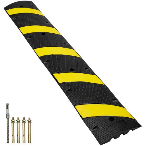 Bostome 72" rubber speed bump with dual channels and reflective yellow stripes for safety.