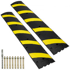 Heavy-duty 72-inch rubber speed bump with dual channels and reflective yellow stripes.