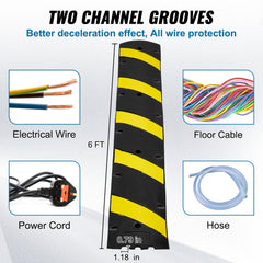 Heavy-duty 72" rubber speed bump with dual channels and high-reflective yellow stripes.