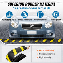 Heavy-duty 72" rubber speed bump with dual channels and high-reflective yellow stripes.