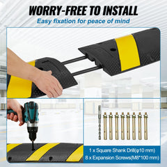 Heavy-duty 72-inch rubber speed bump with dual channels and high-reflective yellow stripes.