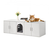 White cat litter box enclosure furniture with five doors and a viewing window, 57.9 inches long.