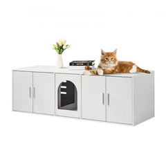 White cat litter box enclosure furniture with five doors and a viewing window, 57.9 inches long.