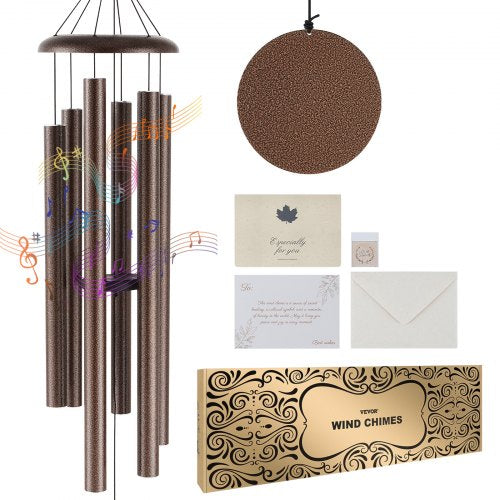 Bronze 50-inch aluminum wind chimes with six hand-tuned tubes for soothing sounds outdoors.