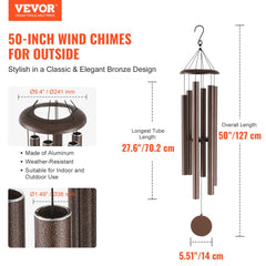Bronze 50-inch aluminum wind chimes with six hand-tuned tubes for soothing outdoor sounds.