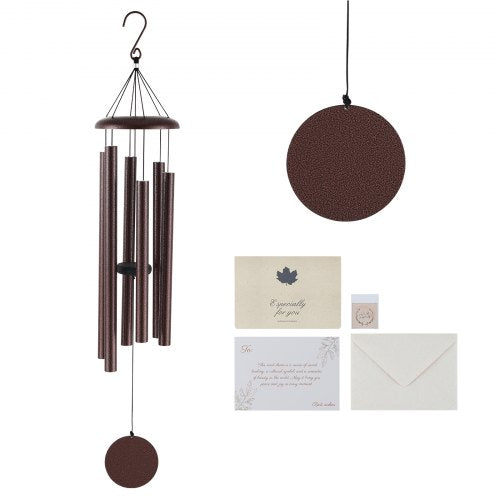 Bronze aluminum wind chimes with six hand-tuned tubes for deep, soothing tones.