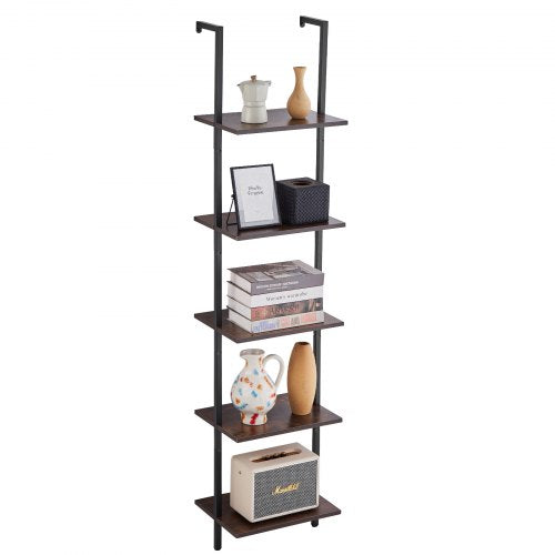 Industrial 5-tier square pipe wall shelf, 15.6x11.8in, with wood planks and black metal frame.