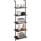 Industrial 5-tier square pipe wall shelf, 17.3x11.8in, with metal frame and wood shelves.