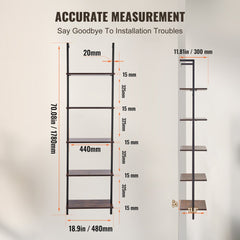 Diagram of Bostome Industrial 5-Tier Square Pipe Wall Shelf showing dimensions: 17.3in width, 11.8in depth, 47.2in height, with 12.8in shelf spacing.