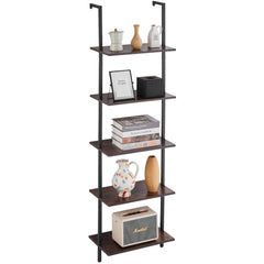 Industrial 5-tier square pipe wall shelf, 17.3x11.8in, with books, vases, and decor on wooden shelves.
