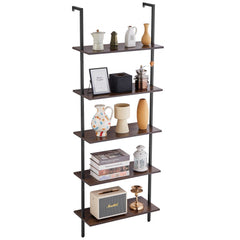 Black and vintage 5-tier wall-mount pipe shelf with sturdy metal pipes and thick wood boards.