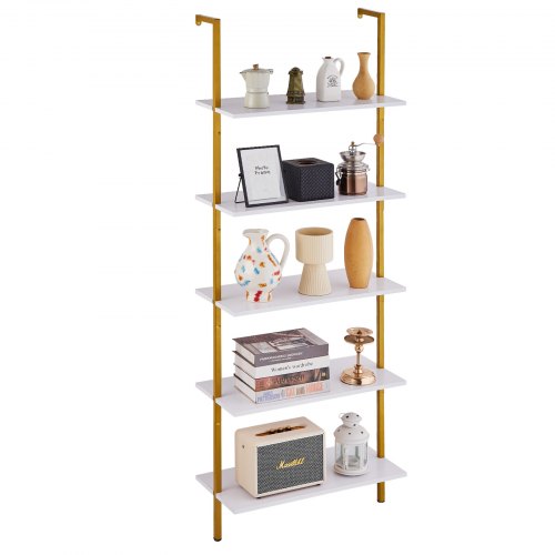 Gold white 5-tier wall-mount pipe shelf with sturdy carbon steel and wood construction.