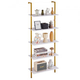 Gold white 5-tier wall-mount pipe shelf with sturdy carbon steel and wood construction.