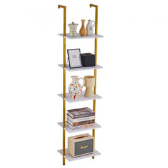 Bostome Industrial 5-tier wall-mount pipe shelf in gold and white with sturdy carbon steel and wood.