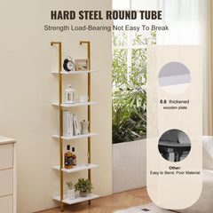 Gold and white 5-tier wall-mount pipe shelf with durable steel and particle board construction.