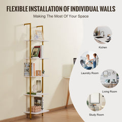 Gold and white 5-tier wall-mount pipe shelf with sturdy carbon steel and particle board construction.