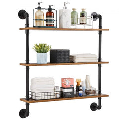 Three-tier industrial pipe shelf with black metal frame and wooden planks, wall-mounted, 32 by 7.87 inches.