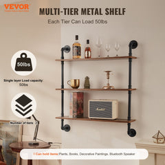 A 3-tier industrial pipe shelf with wood planks, wall-mounted, measuring 32 by 7.87 inches.