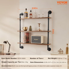 3-tier industrial pipe shelf with wooden planks, 32x7.87in, wall-mounted with metal pipes.