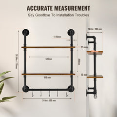 2-tier industrial pipe shelf, 24x7.87in, wall-mounted with wood shelves and pipe brackets.