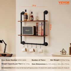 Two-tier industrial pipe shelf, 24x7.87 inches, wall-mounted with hooks and wood shelves.