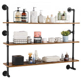 Three-tier industrial pipe shelf with wooden boards and black metal tubes for wall mounting.