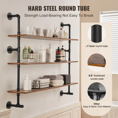 Three-tier wall-mounted industrial pipe shelf with wooden boards and metal tubes in vintage style.