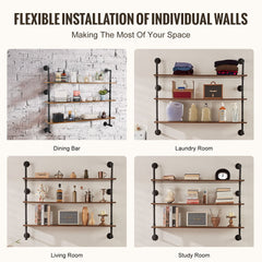 Three-tier wall-mounted shelf with black metal pipes and wooden boards for versatile storage.