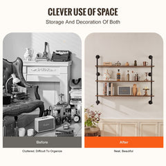 Three-tier wall-mount shelf with black metal pipes and vintage wood boards for storage.