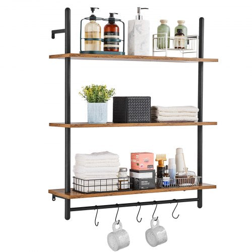 3-tier industrial pipe wall shelf in black with wood planks and hooks, 32x9.84 inches.