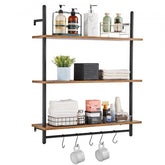 3-tier industrial pipe wall shelf in black with wood planks and hooks, 32x9.84 inches.