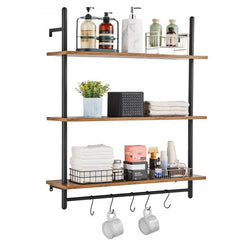 3-tier industrial pipe wall shelf in black with wood planks and hooks, 32x9.84 inches.