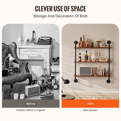 Black 3-tier industrial pipe wall shelf with wooden boards in a neat, organized room setting.