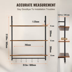 3-tier industrial pipe shelf with black metal frame and wooden shelves, dimensions 32x9.84 inches, wall-mounted.