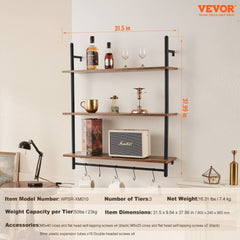 3-tier industrial pipe shelf with black metal frame and wooden shelves, 32 by 9.84 inches, wall-mounted.