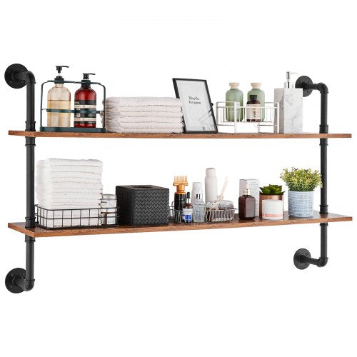 Two-tier wall-mounted industrial pipe shelf with black metal and wood boards for storage.