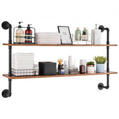 Two-tier wall-mounted industrial pipe shelf with black metal and wood boards for storage.