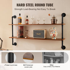 Two-tier wall-mount shelf with sturdy metal pipes and thick wood boards for stylish organization.