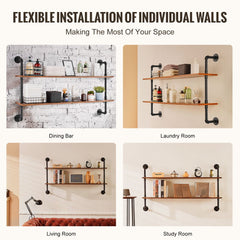 Two-tier wall-mounted shelf with sturdy metal pipes and thick wood boards for storage.
