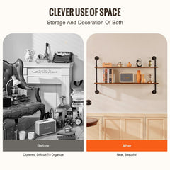 Two-tier wall-mounted shelf with sturdy metal pipes and thick wood boards for storage.
